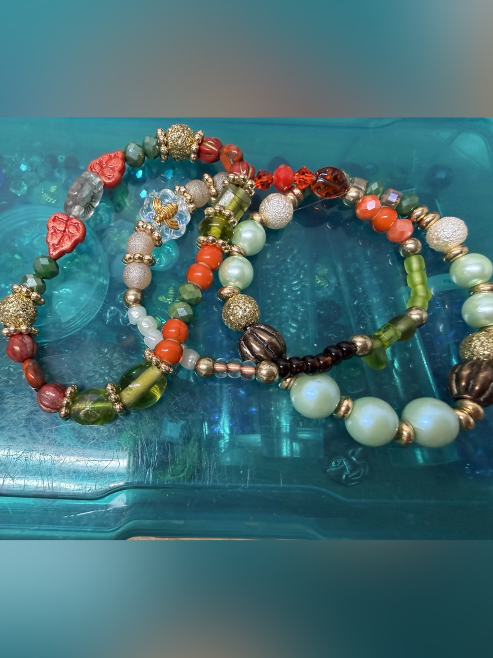 Handmade Earthy Gemstone Glass Beaded Stretch Bracelets Set Bee Ladybug